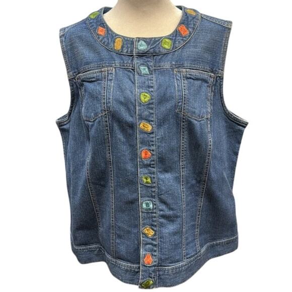 CJ Banks Jackets & Blazers - C.J. Banks By Christopher Banks Colorful Embroidered Denim Snap Up Vest Size XL